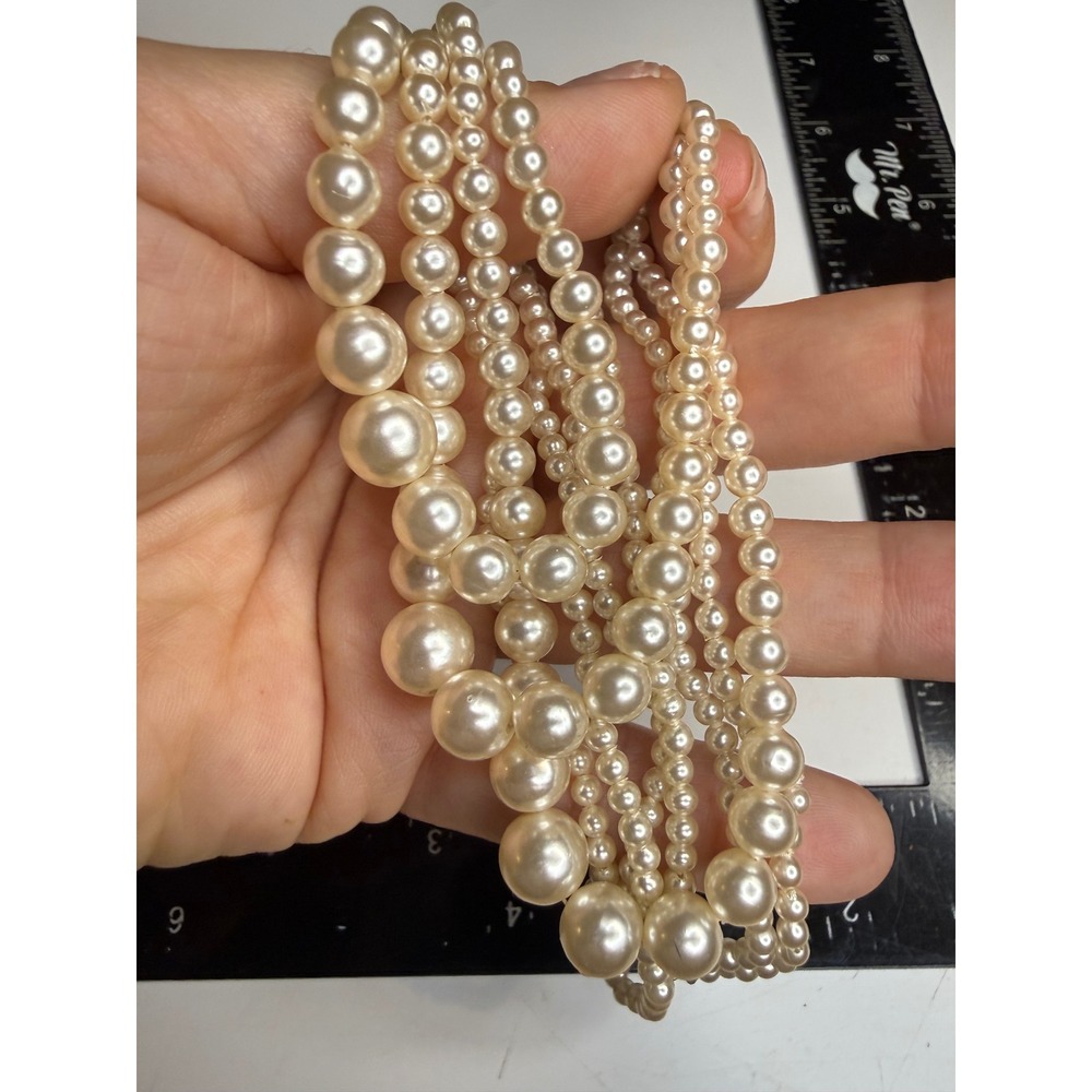 Sterling Silver Triple Strand Graduated Faux Pearl Rhinestone Clasp Necklace 16"